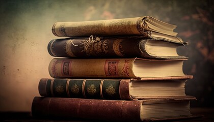 vintage ancient old books stack on table with smoke or mist drift, idea for fantasy and magical spell theme background, Generative Ai