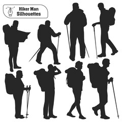 Vector collection of a male hikers in mountains silhouettes in different poses