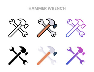 Hammer Wrench icons vector illustration set line, flat, glyph, outline color gradient. Great for web, app, presentation and more. Editable stroke and pixel perfect.