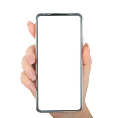 Woman hand with modern smartphone isolated on on a white background. Mockup template for your design advertising.