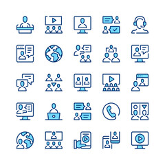 Online conference line icons. Set of online conference icons. Blue color. Vector line icons set
