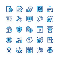 Bitcoin line icons. Set of bitcoin icons. Blue color. Vector line icons set