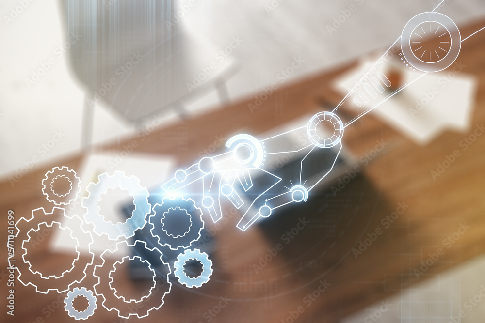 Poster creative abstract robotics technology hologram and modern desktop with pc on background, artificial 