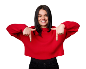 Young caucasian woman isolated points down with fingers, positive feeling.