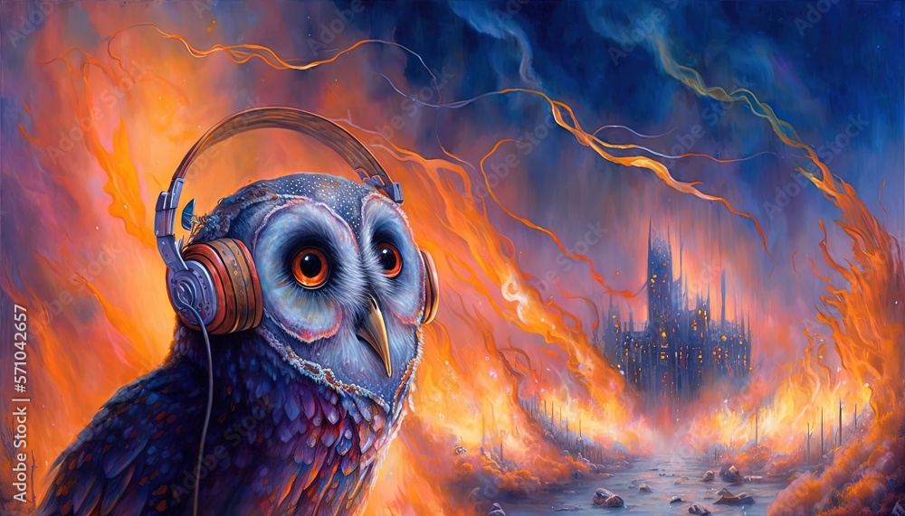 Poster  a painting of an owl with headphones in front of a castle on fire with a castle in the background and a bird with headphones in the foreground.  generative ai