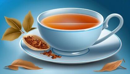 Obraz na płótnie Canvas a cup of tea and some leaves on a saucer on a blue tablecloth with a blue background and a blue background with a blue border. generative ai