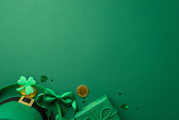 Saint Patrick's Day concept. Top view photo of leprechaun hat giftbox with bow gold coins bow-tie...