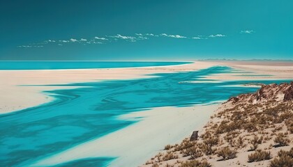  a blue and white beach with a body of water in the middle of the beach and sand on the other side of the beach, and a blue sky with clouds in the background.  generative ai