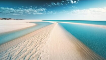  a wide expanse of sand and water on a beach with a blue sky and white sand dunes in the distance with a few clouds in the sky.  generative ai