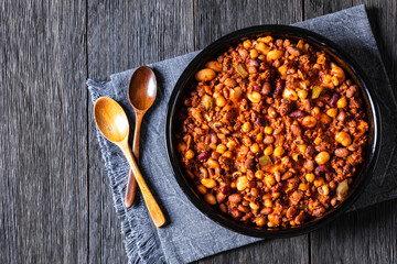 Beans and Sausage bake in baking dish, top view