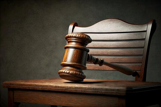 Old Wooden Bench With Gavel On Gray Blurry Background