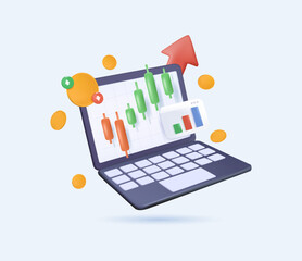 3D Stocks market graph crypto chart on laptop screen. Technical analysis candlestick chart money. Global stock exchanges