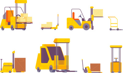 Pallet forklift. Pallet jack and fork truck with lift for transporting cargo facility warehouse loader equipment freight shipment parcel crate delivery splendid vector illustration