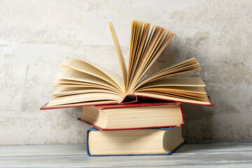 Vintage old hardback books. Education background. Back to school. Copy Space.