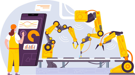 Conveyor configurations. Futuristic engineering smart control automation factory production line, worker monitoring manufacturing process iot machine, splendid vector illustration
