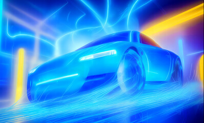 Blue neon hologram race  rush car on abstract line background. AI Generated