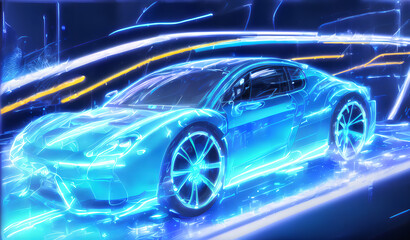 Blue neon hologram race  rush car on abstract line background. AI Generated