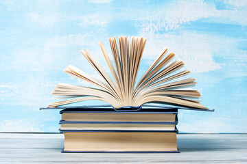 Vintage old hardback books. Education background. Back to school. Copy Space.