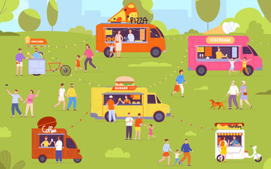 Outdoors food festival. Outdoor catering event, crowd people eat at street meal truck tent stall, summer fair shop, family guys drinking in town cafe, splendid vector illustration