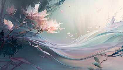  a digital painting of a flower and leaves in a forest with a blue sky in the background and a white flowing fabric in the foreground.  generative ai