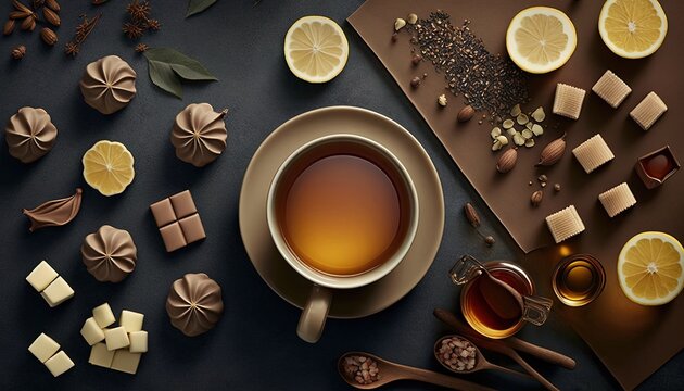  a cup of tea with lemon slices and chocolates on a black table with a spoon and spoon rest on the table next to it.  generative ai