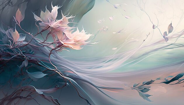  a painting of a tree branch with flowers on it's branches and leaves blowing in the wind in front of a blue sky with white swirl.  generative ai
