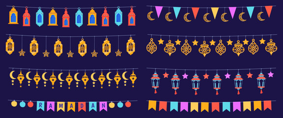 Ramadan flags decorations. Hanging garland decoration for ramadhan kareem celebration, ribbon moroccan lanterns lights flag, eid mubarak islam