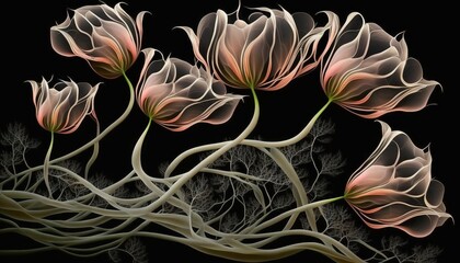  a bunch of flowers that are on a black background with a black background and a black background with a black background and a black background  and white border.  generative ai