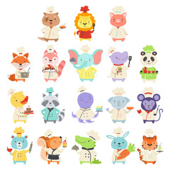 Cute Animals in Chef Uniform Cooking Delicious Dishes Big Vector Set