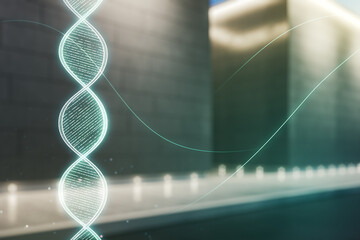 Virtual DNA symbol illustration on blurry modern office building background. Genome research...