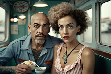 AI generated interracial middle aged couple who spent 30 years together eat breakfast together