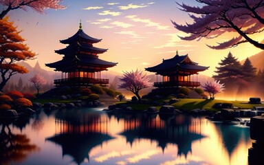 Obraz premium A Chinese temple in a beautiful mountain landscape overlooking the clouds