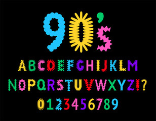 90s style font alphabet. Bright, colorful letters and numbers. Nostalgia for the retro 90s