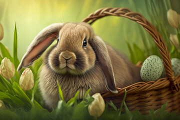 Vector illustration of Easter bunny card on a green background. ai