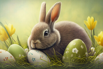 Vector illustration of Easter bunny card on a green background. ai