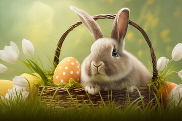 Vector illustration of Easter bunny card on a green background. ai