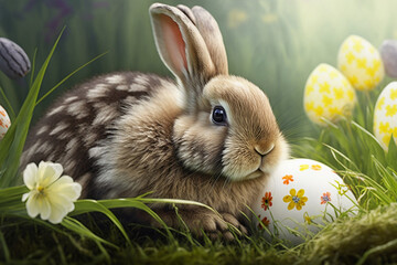 Vector illustration of Easter bunny card on a green background. ai