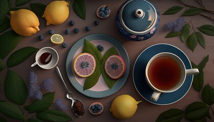  a plate of food and a cup of tea with lemons and blueberries on a table with leaves and lemons and a teapot.  generative ai
