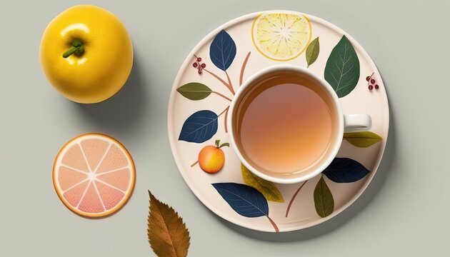  a cup of tea next to an orange and a half of an orange on a plate with leaves and a slice of orange on the side.  generative ai