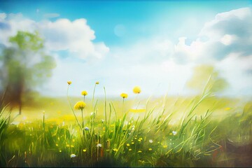  Beautiful meadow field with fresh grass and yellow dandelion flowers in nature against a blurry blue sky with clouds. Summer spring perfect natural landscape, watercolor style AI Generated