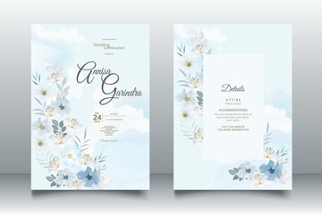 Naklejka na ściany i meble Beautiful blue floral frame wedding invitation card template premium vector
