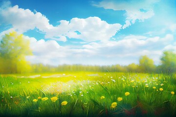  Beautiful meadow field with fresh grass and yellow dandelion flowers in nature against a blurry blue sky with clouds. Summer spring perfect natural landscape, watercolor style AI Generated
