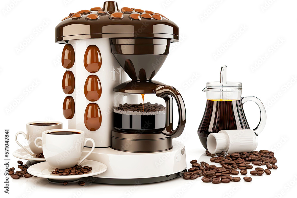 Sticker geyser coffee maker with cups and coffee beans on white background, generative ai