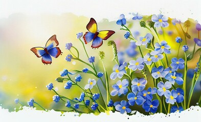  Beautiful summer or spring meadow with blue forget-me-nots flowers and two flying butterflies. Wild nature landscape banner, watercolor style AI Generated