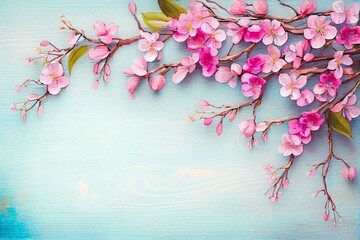  Spring background of painted blue board with branch of flowering cherry branch covered with pink flowers as a border, watercolor style AI Generated
