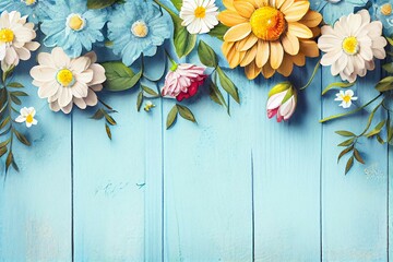 Obraz premium Garden flowers over blue wooden table background. Backdrop with copy space, watercolor style AI Generated