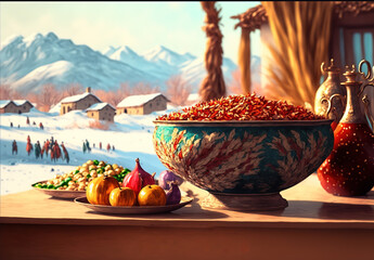 Nowruz feast table and landscape background Generative AI