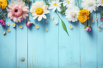 Obraz premium Garden flowers over blue wooden table background. Backdrop with copy space, watercolor style AI Generated