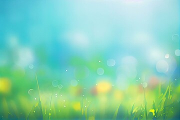  Summer natural blurred background.Green grass blue sly backdrop, watercolor style AI Generated