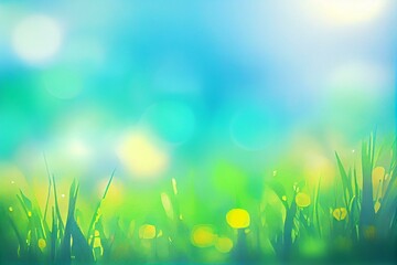 Obraz premium Summer natural blurred background.Green grass blue sly backdrop, watercolor style AI Generated